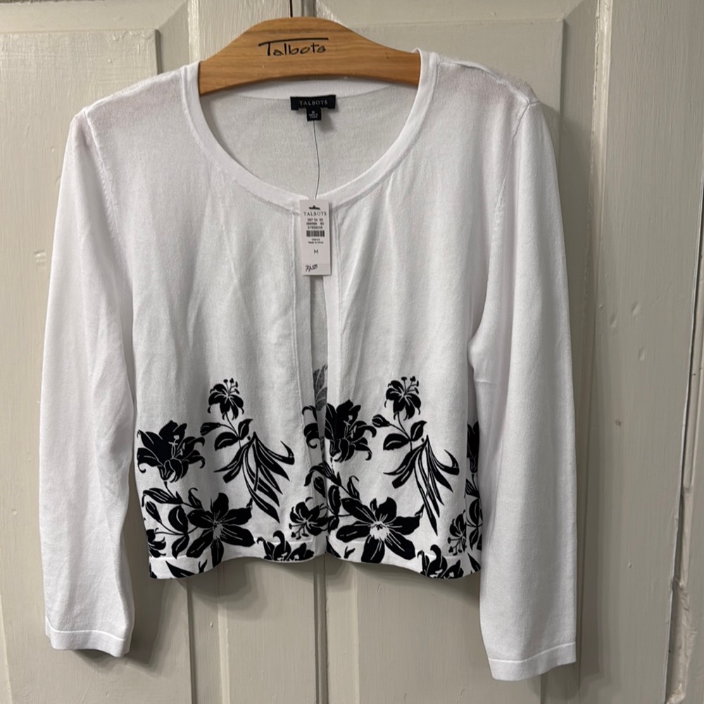Talbots White and Black Blouse Elegant Shrug, NWT size M